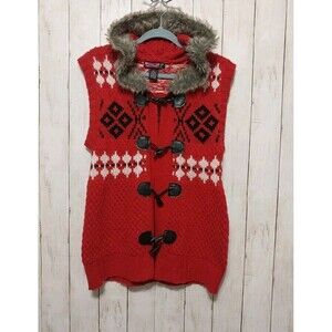 Say What Crochet Sweater Vest Fur Lined Hoodie Wool Blend Red Black Woman Large